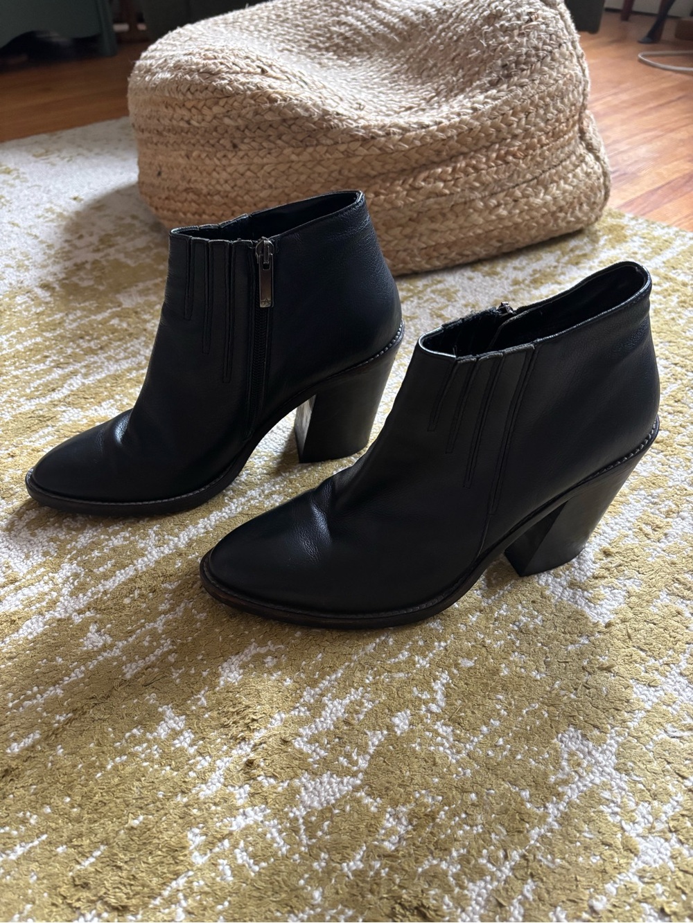 Aquatalia Black Leather Ankle Booties with Block Heel